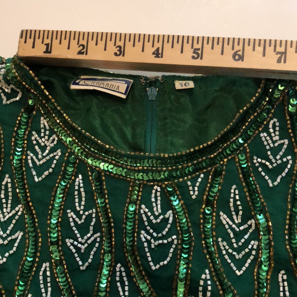 Sequin Green Beaded Short Sleeve Formal Top Elegant Green Beaded Top 80s Dynasty - Picture 10 of 16